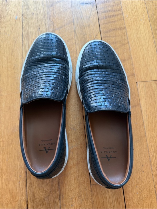 Aquatalia Shoes - Aquatalia Black Woven Leather Slip-On Sneakers with White Sole